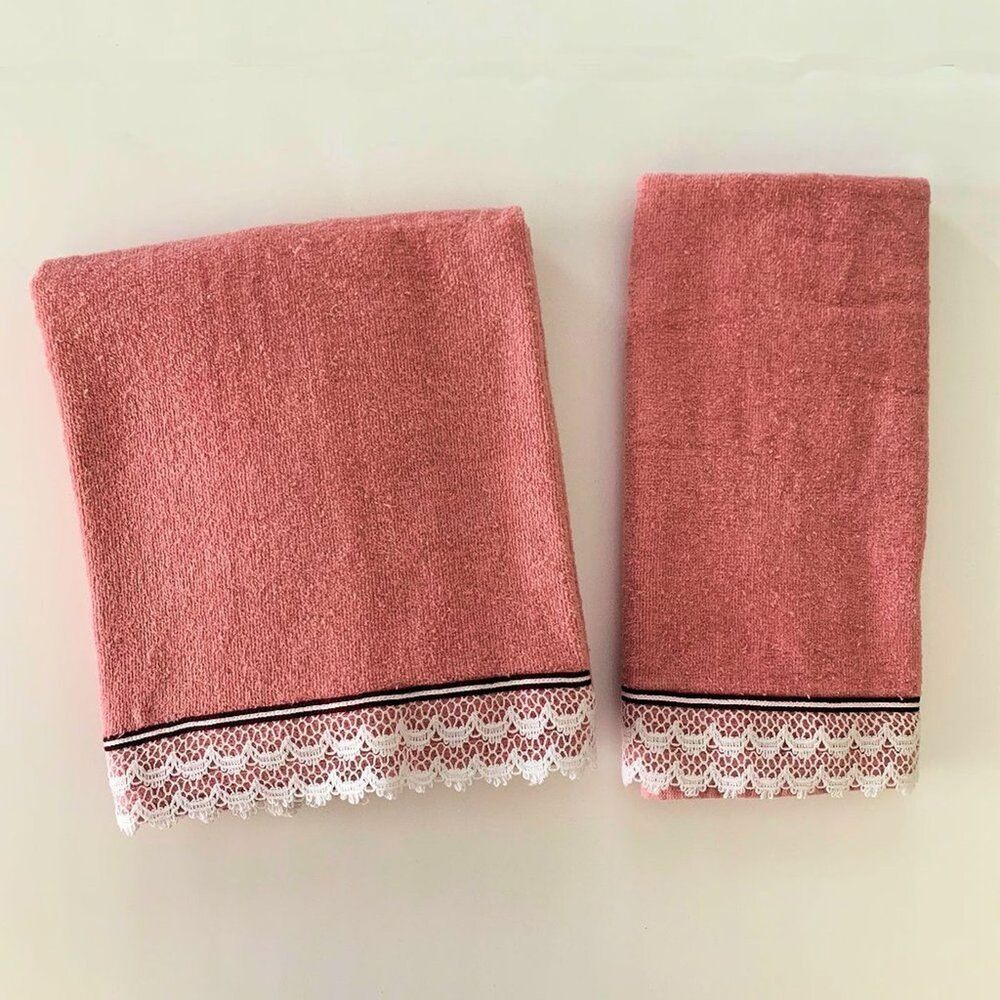 Fieldcrest Vintage Alouette Lace Towel Set Cottagecore Shabby Decor Pink Dainty